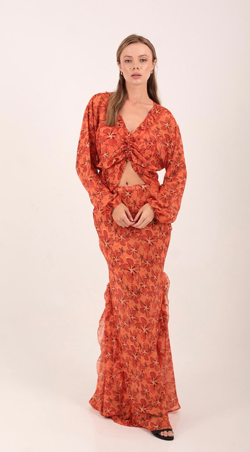 IRIS SKIRT HIBISCUS ORANGE PRINT