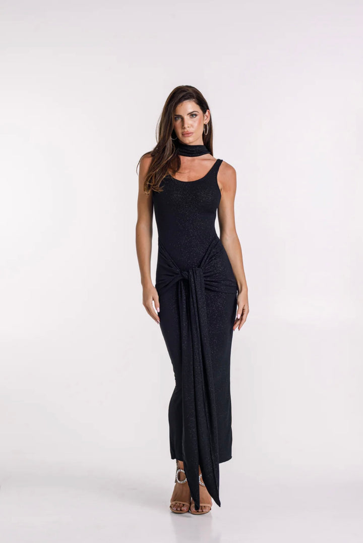 Huda Glitter Black Maxi Tie Dress
