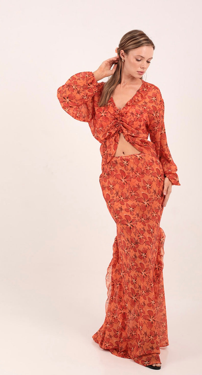 IRIS SKIRT HIBISCUS ORANGE PRINT