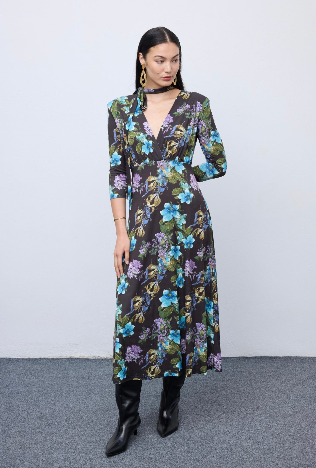 Mocha Bloom Midi Jersey Dress