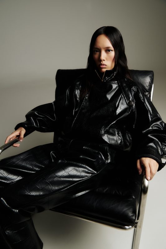 Elsie Croco Faux Leather Jacket – Black