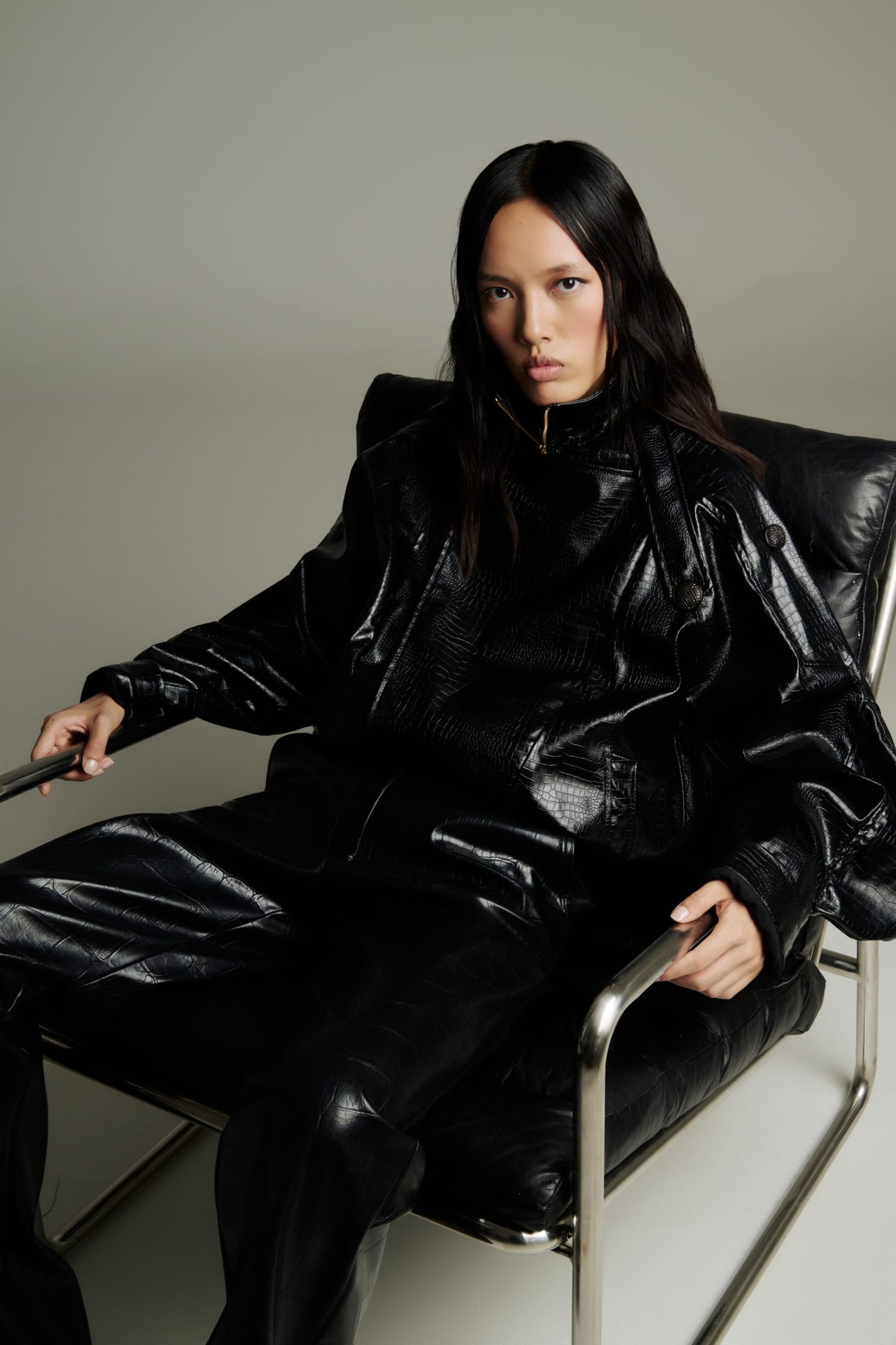 Elsie Croco Faux Leather Jacket – Black