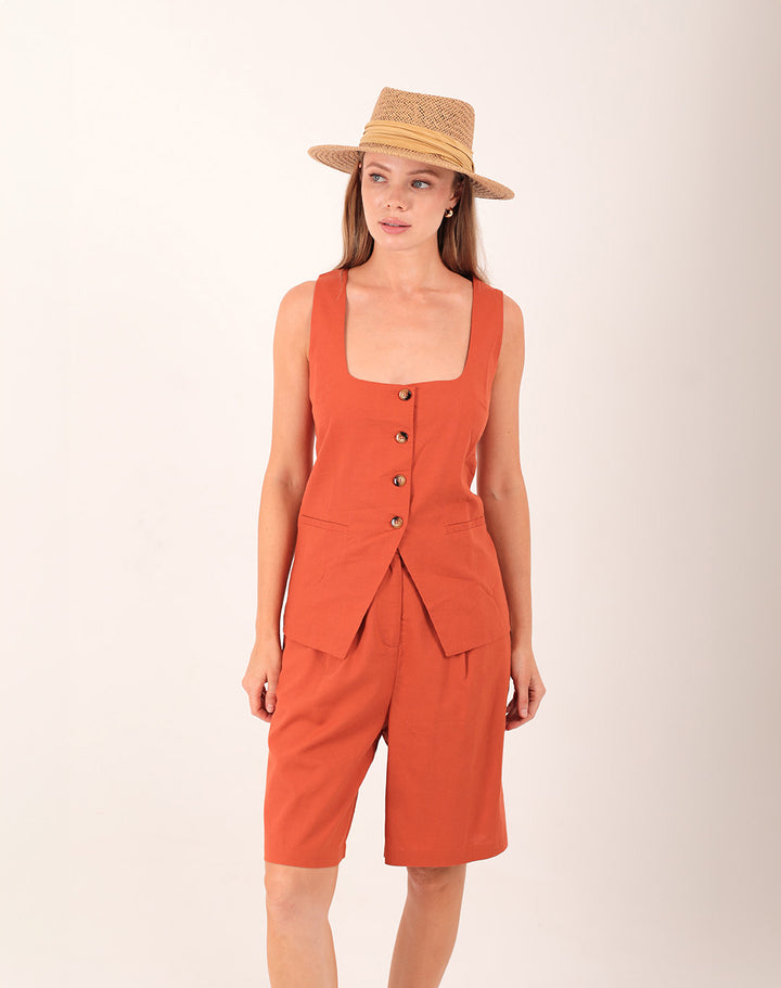 KALINA LINEN VEST TERRACOTTA
