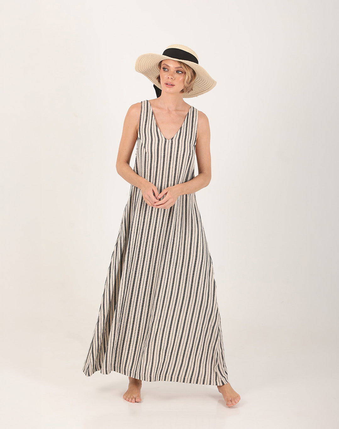 Eira Linen Striped Dress Ecru