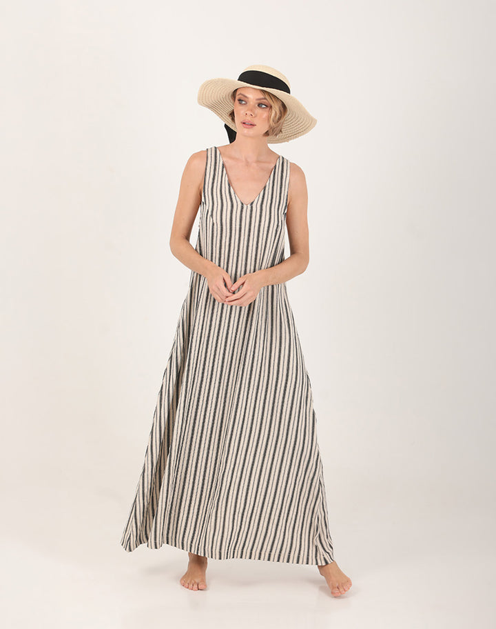 Eira Linen Striped Dress Ecru