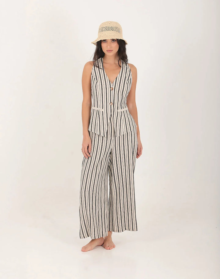 Lily Linen Striped Open Back Vest Ecru