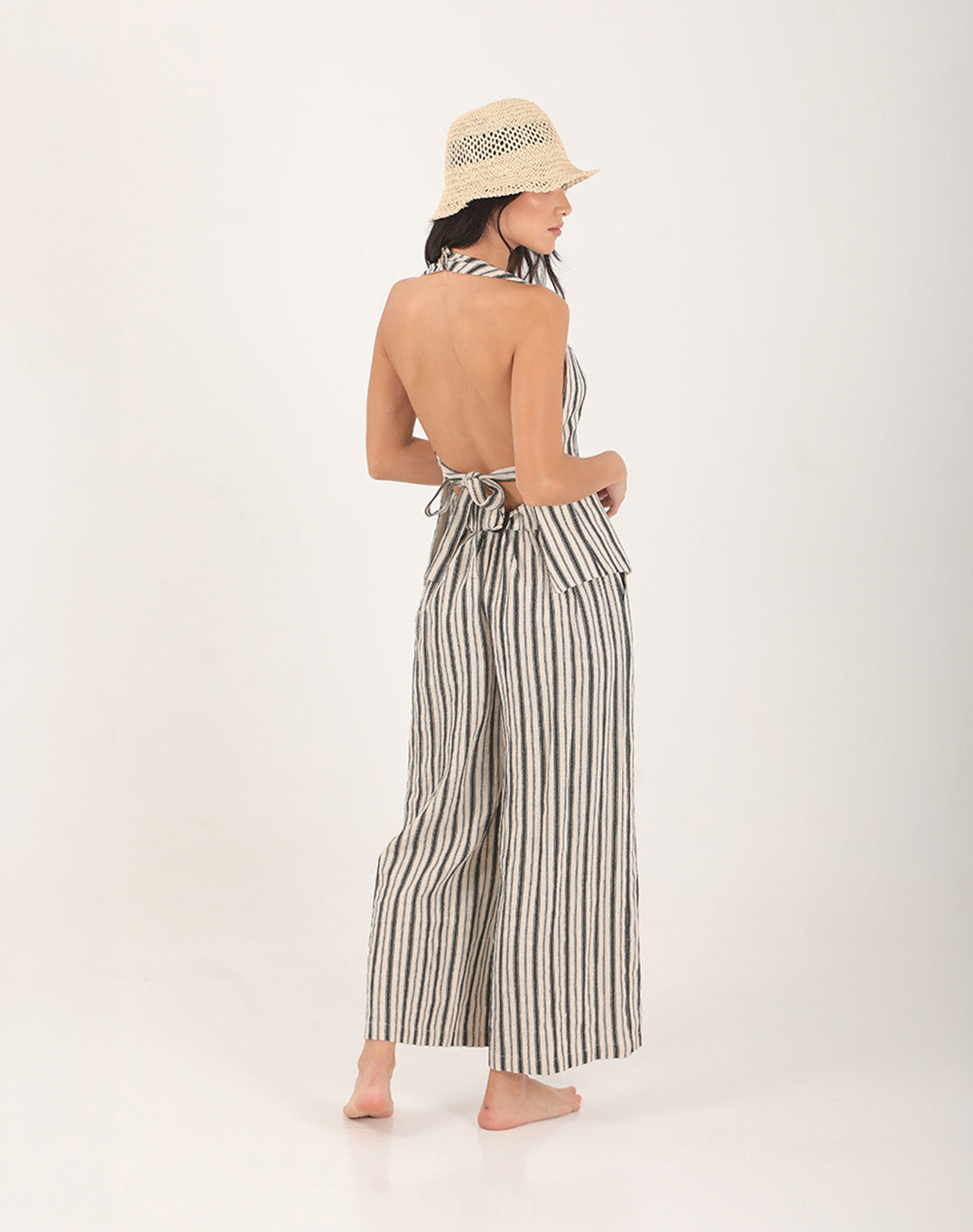 Lily Linen Striped Open Back Vest Ecru